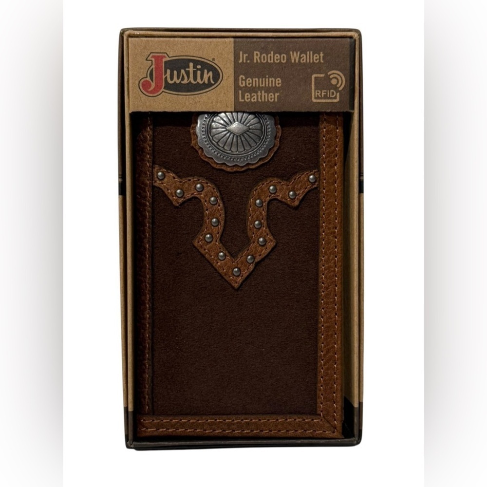 New Justin Boots Dark Brown Slim Bi Fold Leather Jr. Rodeo Wallet NIB